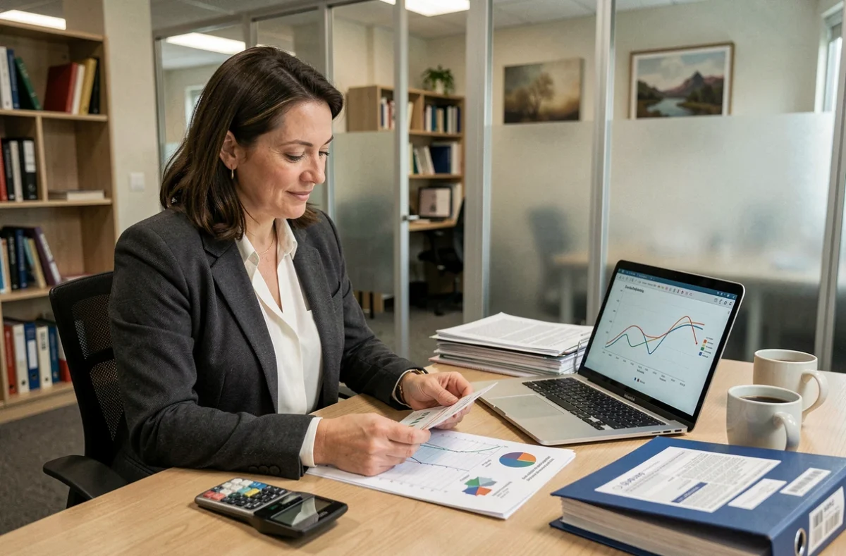 Professionnelle analysant des tableaux de calcul de l'indice BT47 INSEE pour sécuriser les marges en énergie électrique