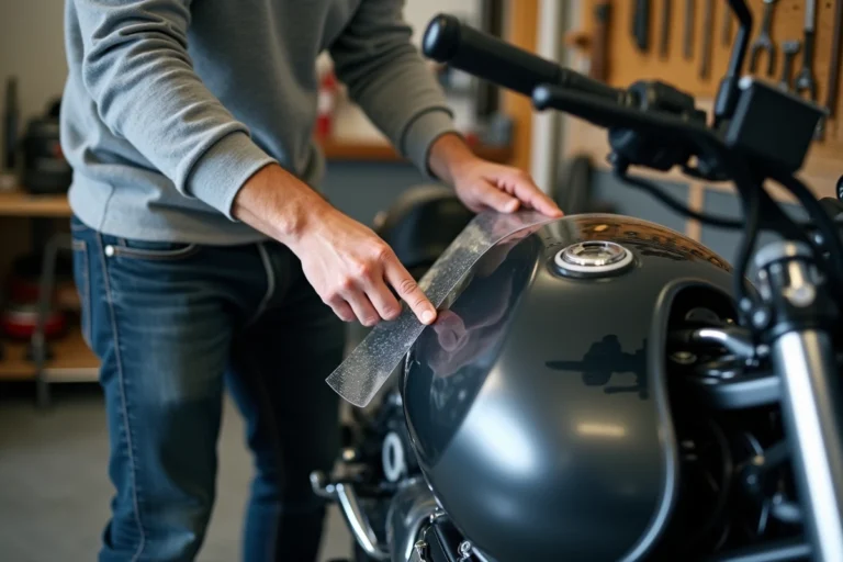Mécanicien appliquant un film de protection transparent Autofantom sur le réservoir d'une moto sport dans un garage bien équipé