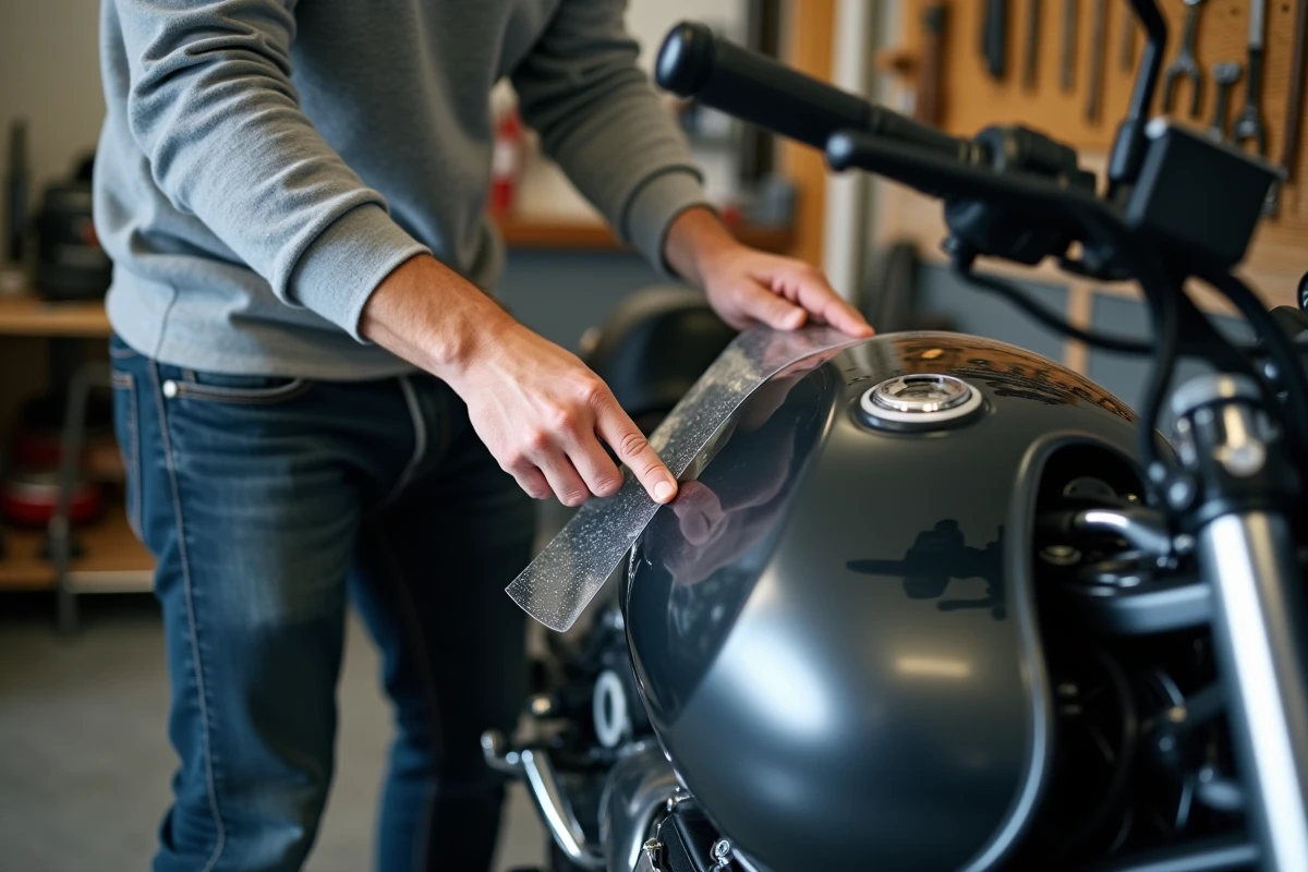 Mécanicien appliquant un film de protection transparent Autofantom sur le réservoir d'une moto sport dans un garage bien équipé