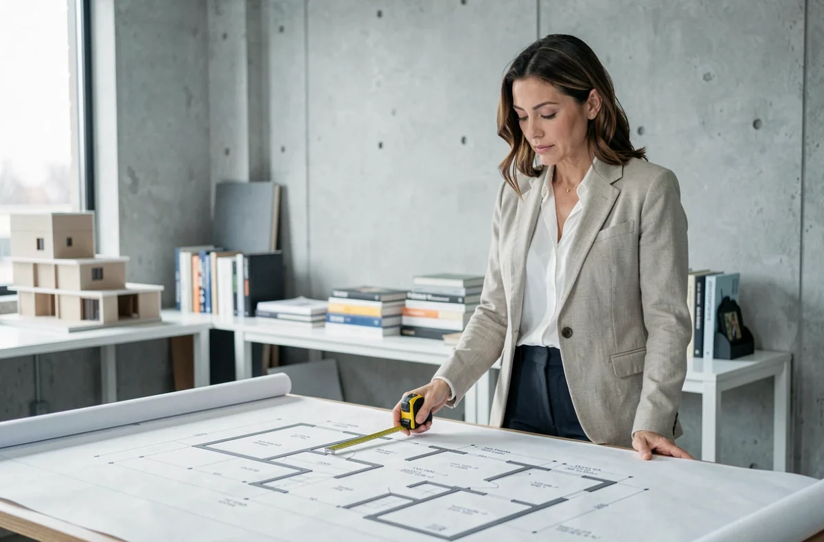 Architecte d'intérieur analysant un plan de chambre avec dimensions standard sur une table à dessin dans un studio professionnel