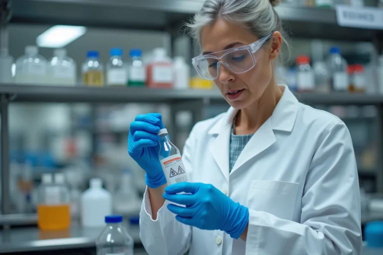 Chercheuse en laboratoire examinant un flacon chimique avec symboles de danger, illustrant les risques des allergènes de classe 6