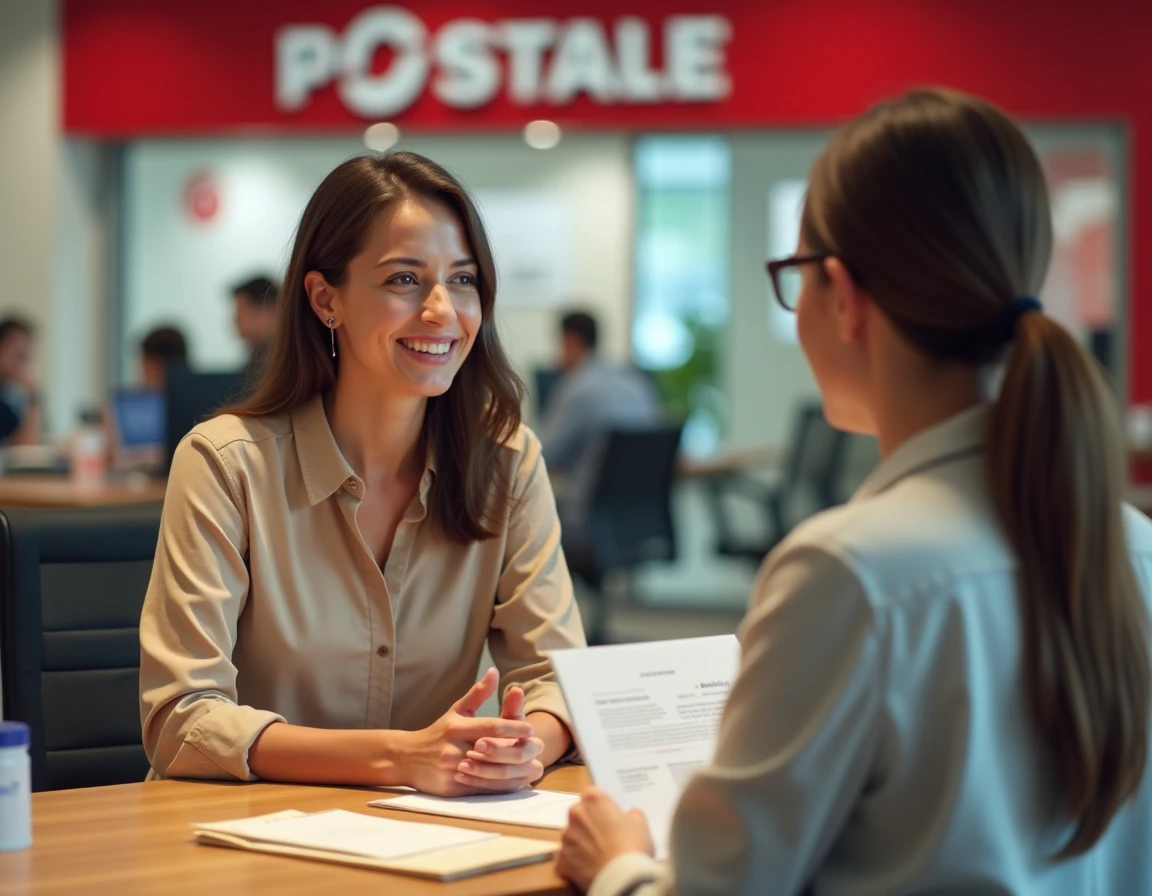 Cliente discutant avec un conseiller à La Banque Postale pour augmenter temporairement son plafond bancaire