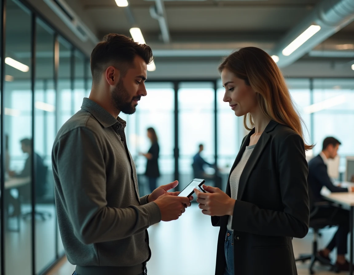 Deux collègues utilisant une application de traduction audio en ligne sur tablette dans un bureau moderne