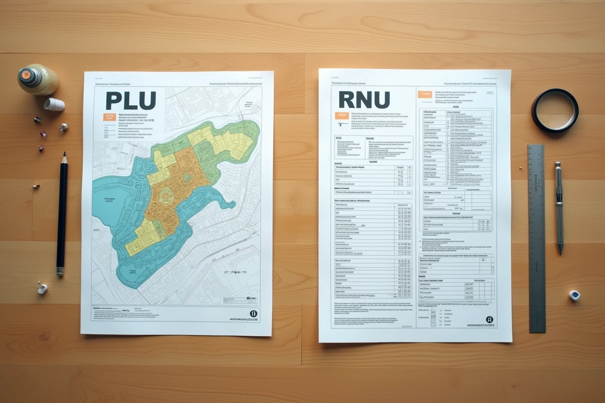 Vue en plongée de documents PLU et RNU côte à côte sur une table de réunion dans une mairie française