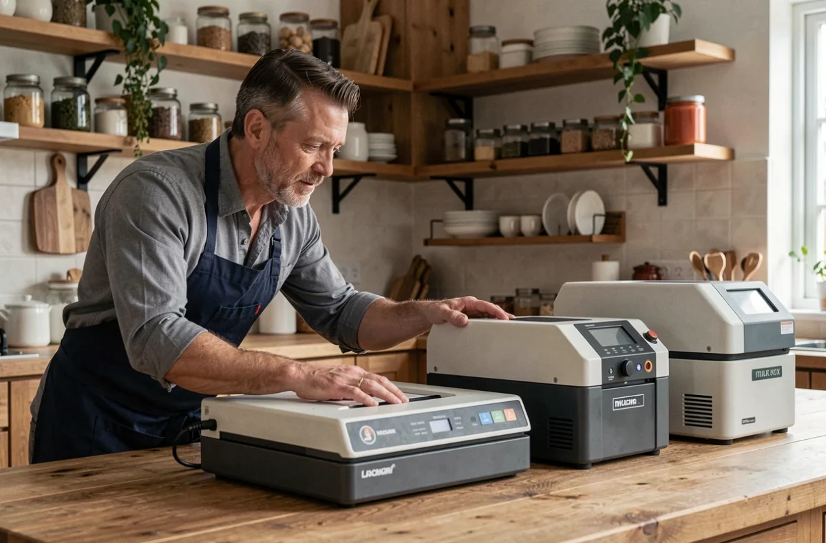 Comparatif de plusieurs machines sous vide posées côte à côte sur un îlot de cuisine en bois, évaluées par un homme attentif