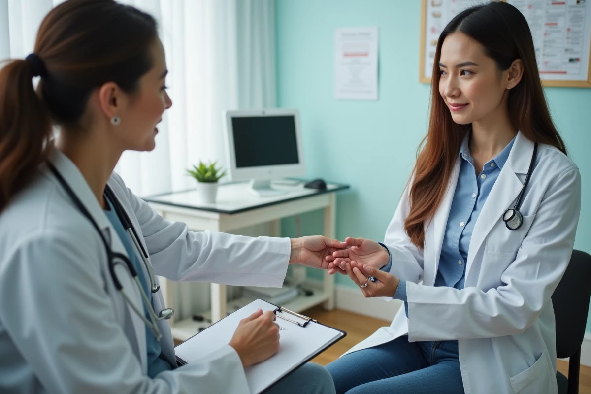 Consultation médicale montrant une patiente présentant une réaction cutanée allergique à son médecin, illustrant les conséquences sanitaires d'une allergie sévère