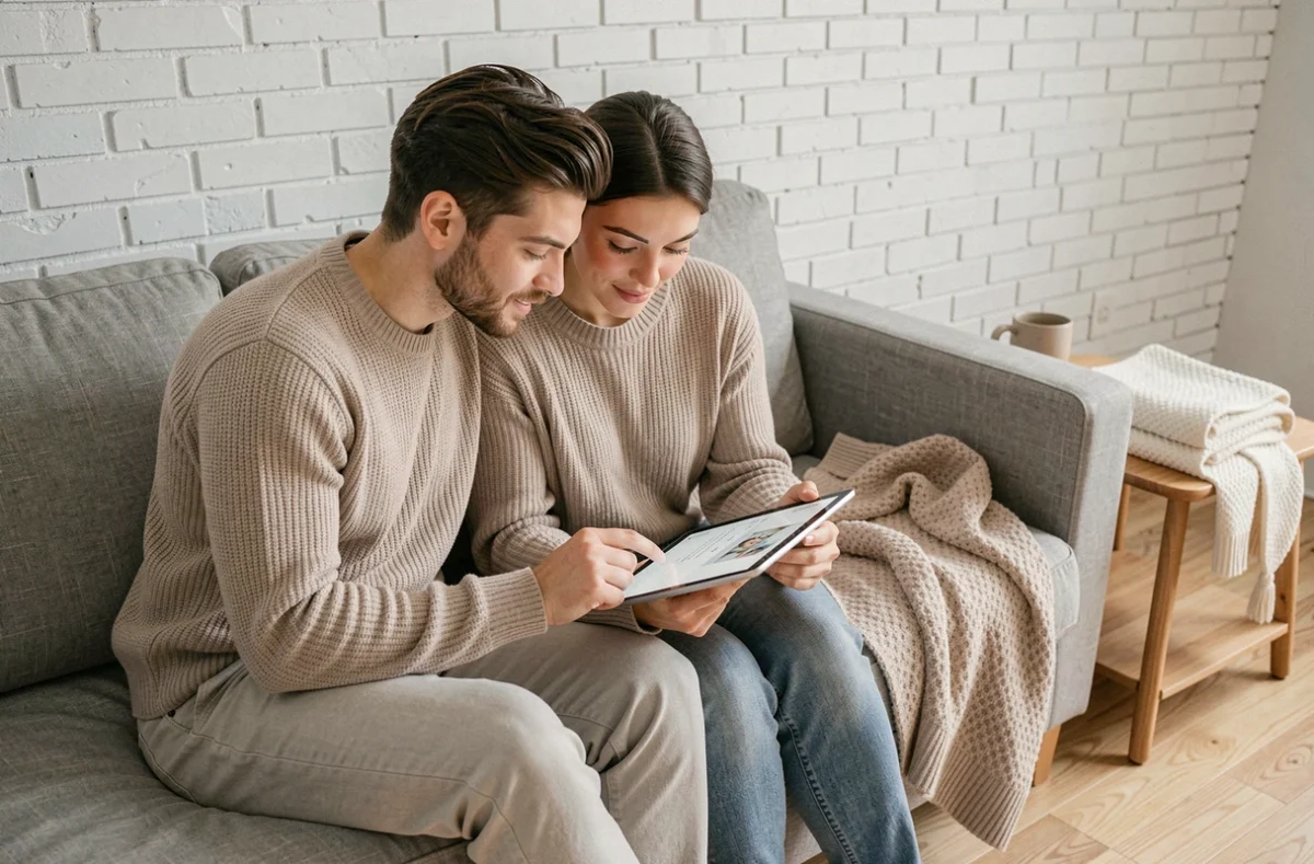 Couple de parents consultant ensemble un site bébé structuré sur une tablette dans un salon moderne et lumineux