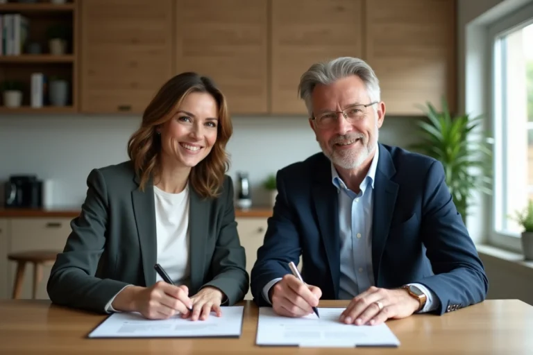 Couple d'adultes signant des papiers immobiliers dans un intérieur moderne