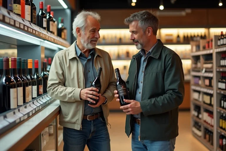 Couple français examine bouteilles de vin dans une boutique