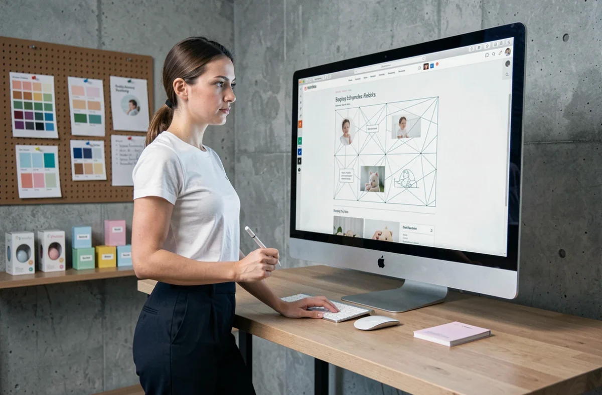 Designer web travaillant sur la structure et l'organisation d'un site dédié à l'univers bébé dans un studio moderne