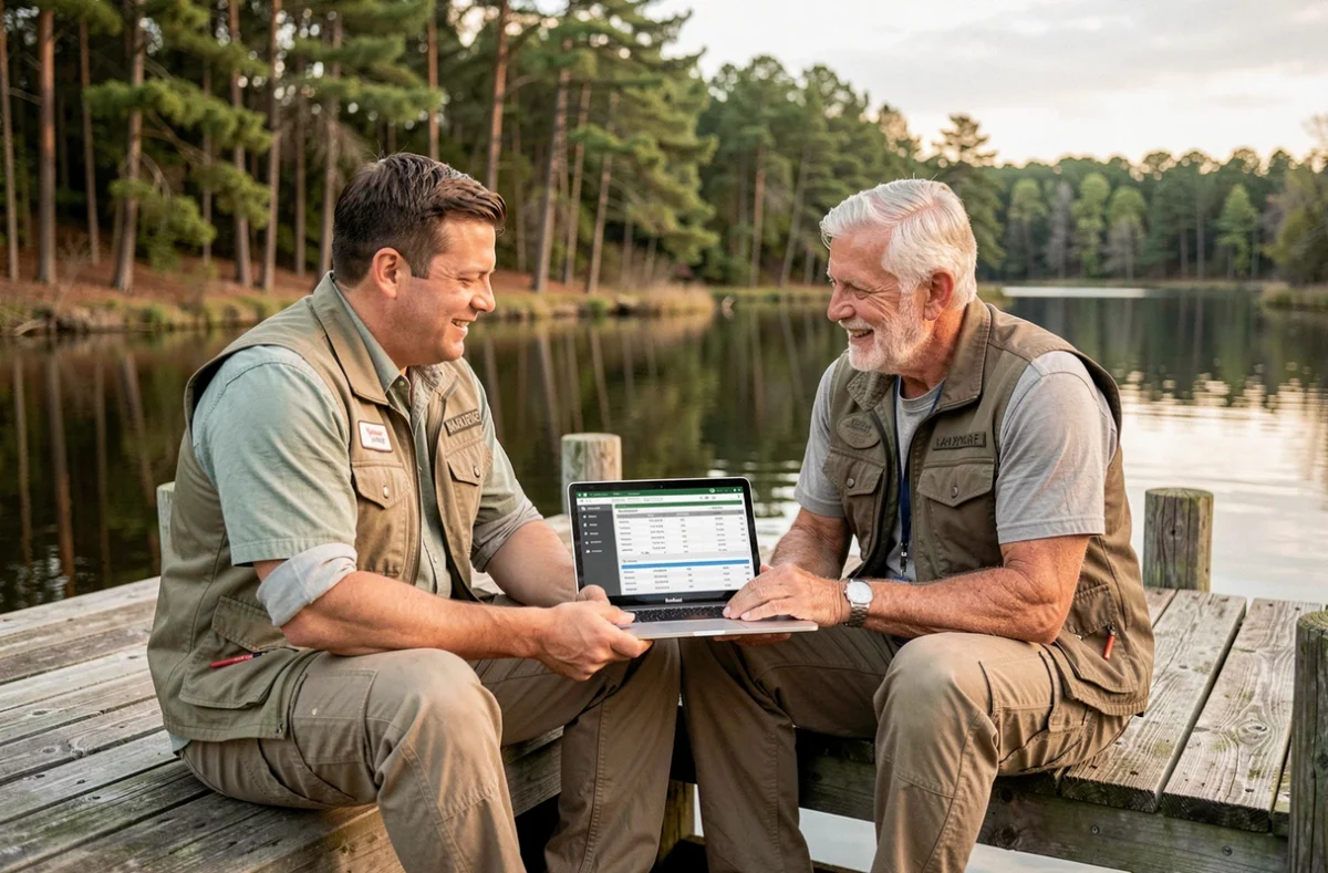 Deux pêcheurs comparant leurs statistiques de pêche sur My Fish Book assis sur un ponton en bois au bord d'une rivière