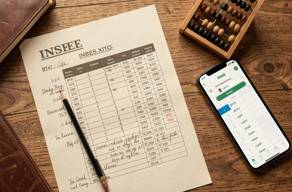 Vue en plongée d'un bureau avec document INSEE indice BT47, notes manuscrites et smartphone pour le calcul des marges en électricité