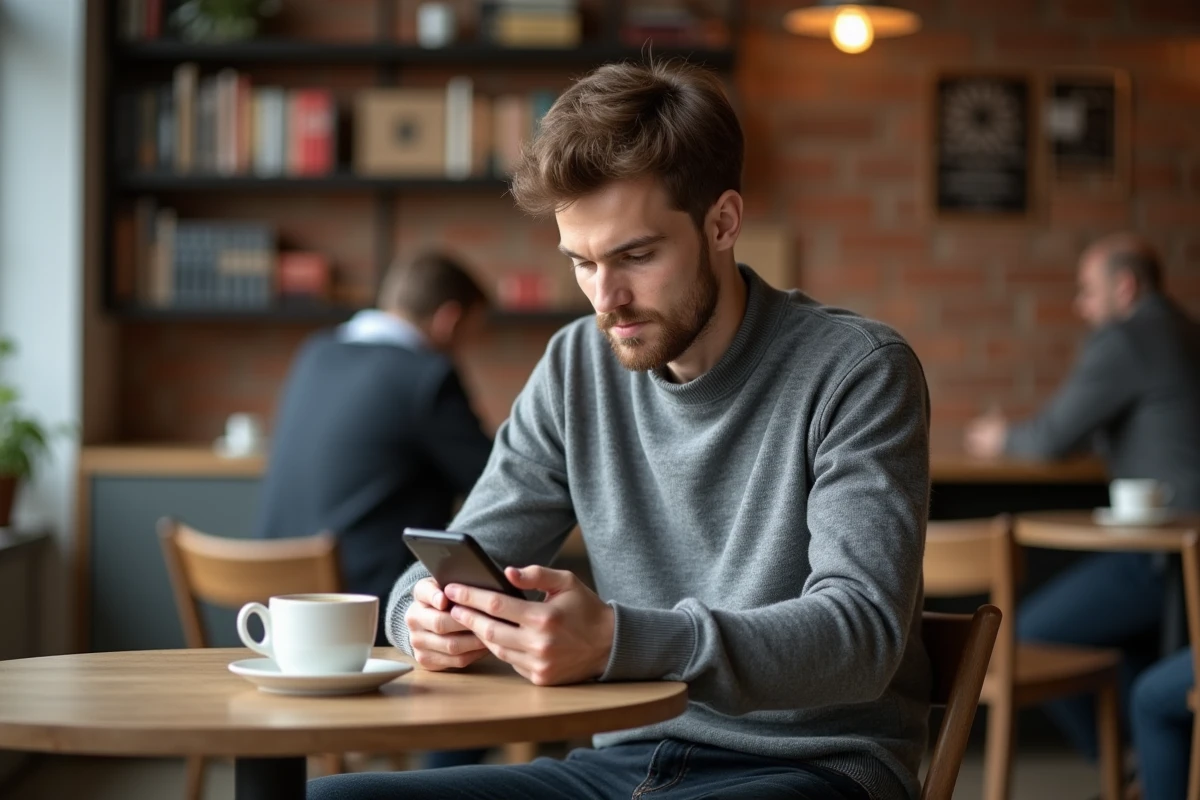 Jeune entrepreneur lisant des conseils pour entreprises sur smartphone dans un café urbain moderne