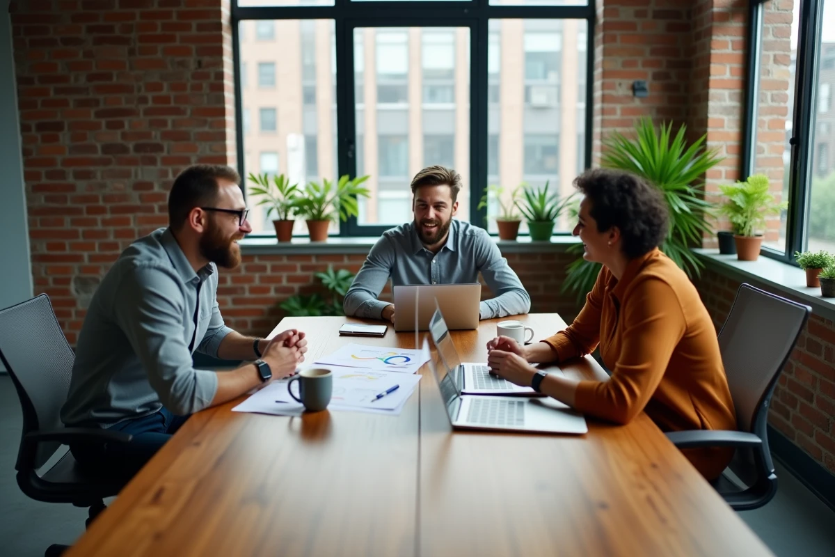 Équipe professionnelle en réunion stratégique dans un espace coworking contemporain, collaboration business 2024