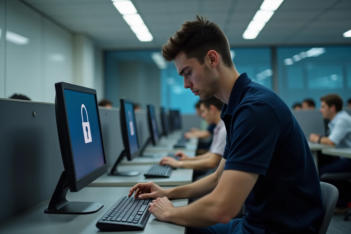 Étudiant masculin tentant de se connecter à l'ENT sur un poste informatique en salle de travail universitaire
