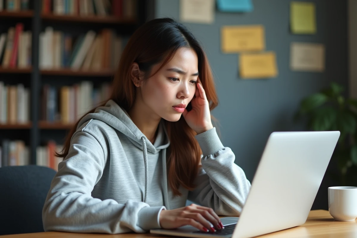 Étudiante frustrée devant un message d'erreur de connexion sur son ordinateur portable dans un espace de travail universitaire