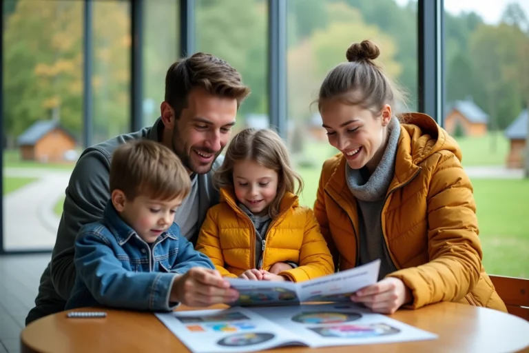 Famille jeune planifiant vacances avec brochures dans centre moderne