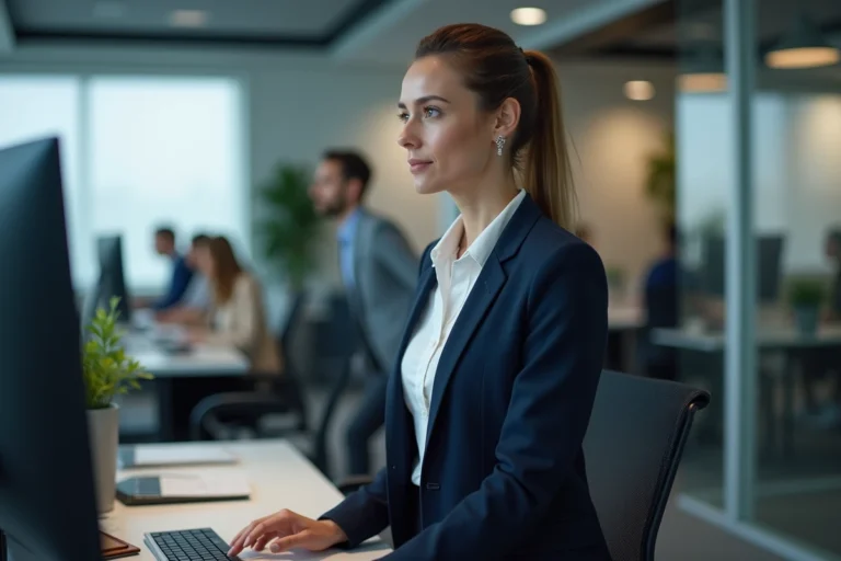 Femme d'affaires analysant des données sur un écran dans un bureau moderne en open space, tendances business 2024