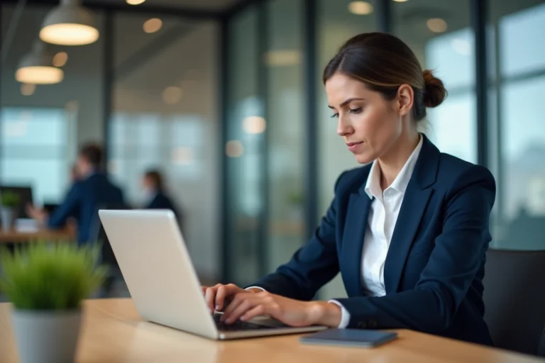 Femme d'affaires consultant un site d'actualité pour entreprises sur un ordinateur portable dans un bureau moderne
