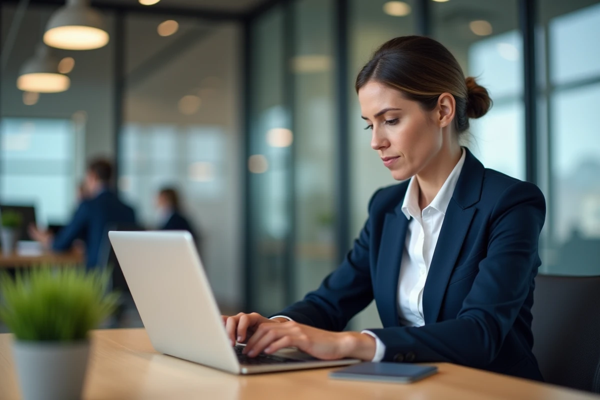 Femme d'affaires consultant un site d'actualité pour entreprises sur un ordinateur portable dans un bureau moderne