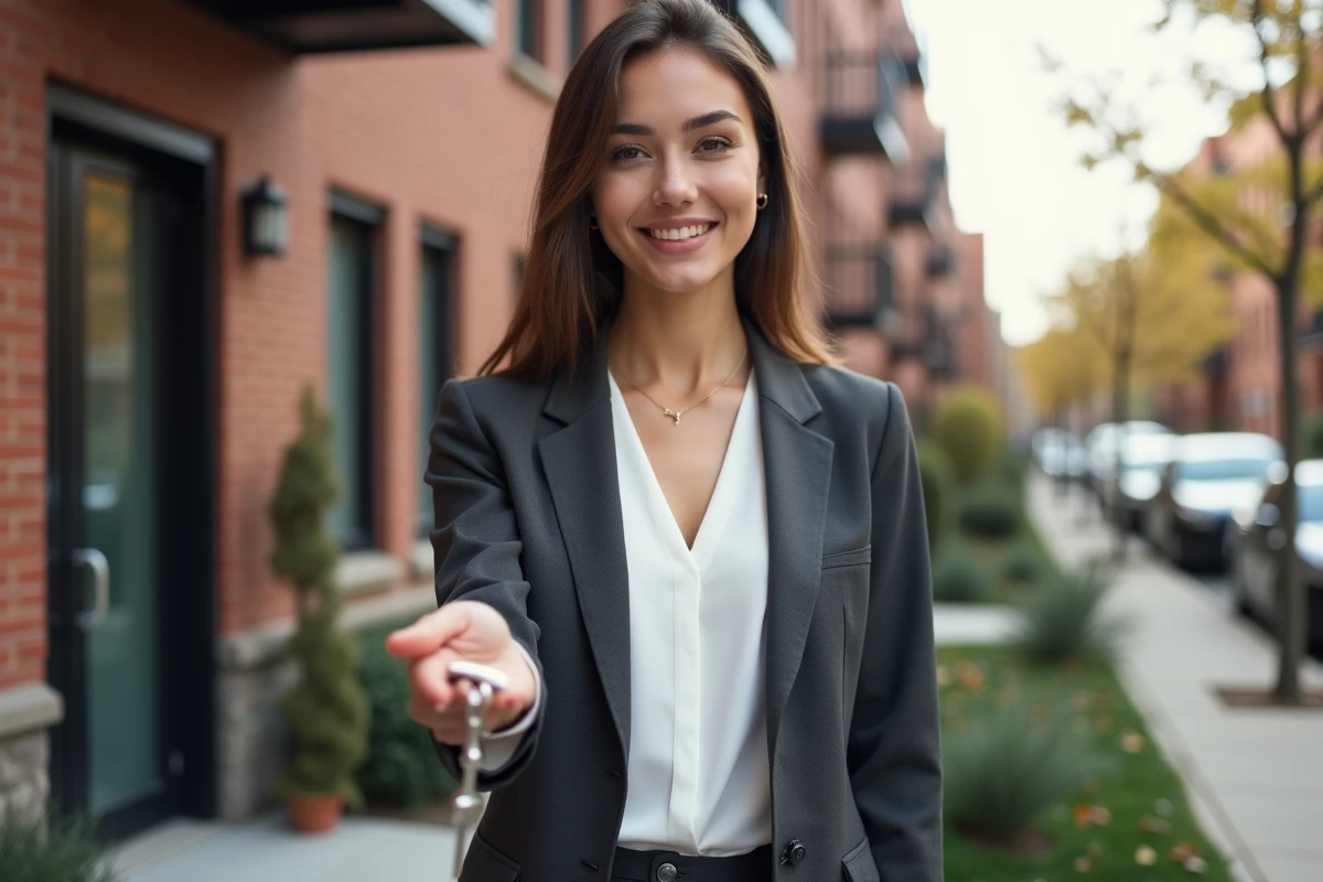 Jeune femme tenant des clés devant un immeuble en ville