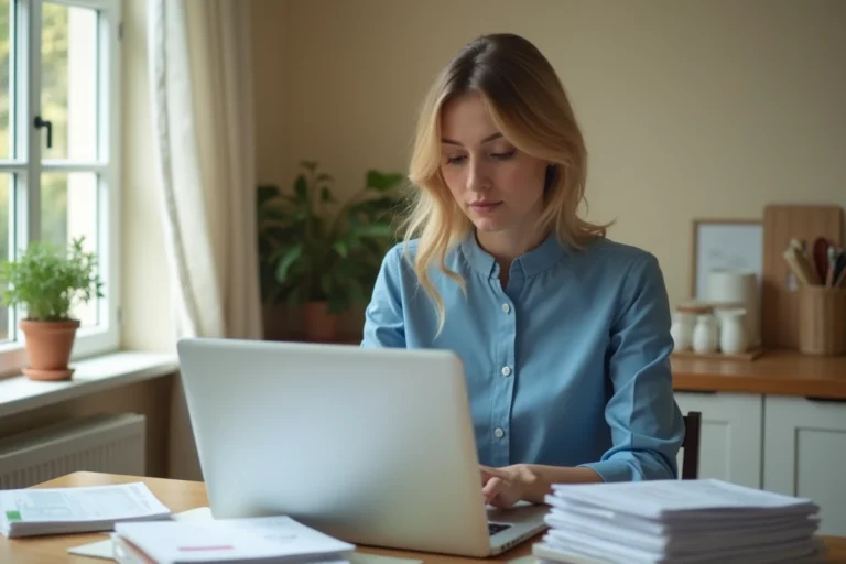 Femme concentrée travaillant sur son ordinateur dans la cuisine