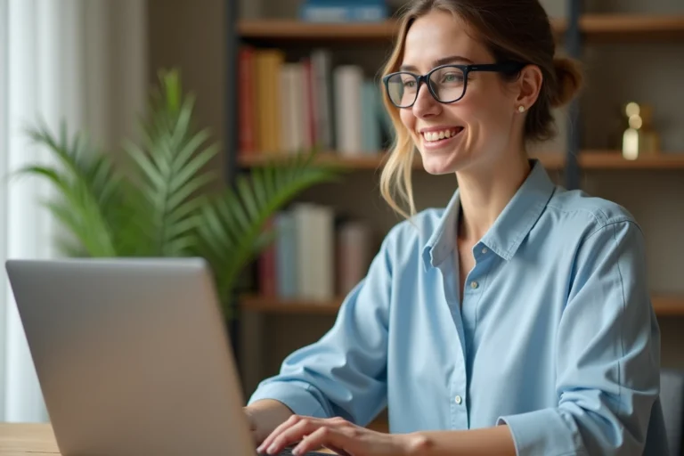 Femme concentrée utilisant un ordinateur à la maison