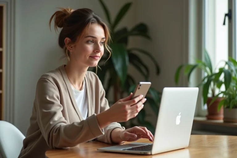 Femme en bureau moderne utilisant son ordinateur et smartphone