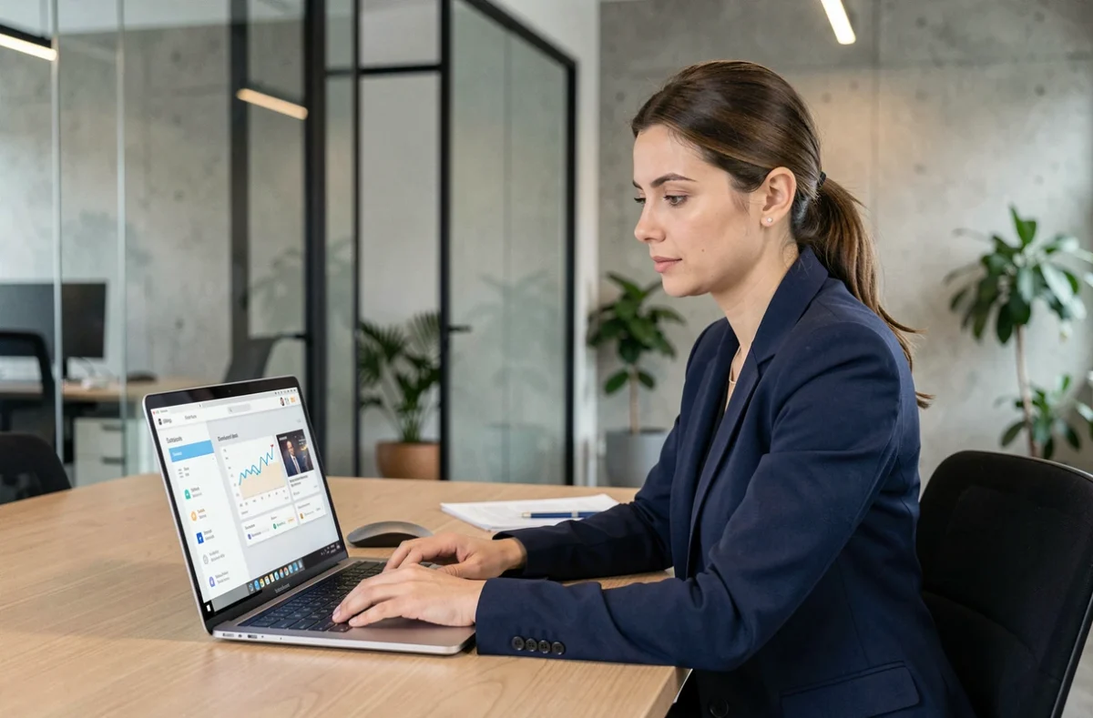 Femme cadre utilisant une application Boursobank sur ordinateur dans un bureau moderne