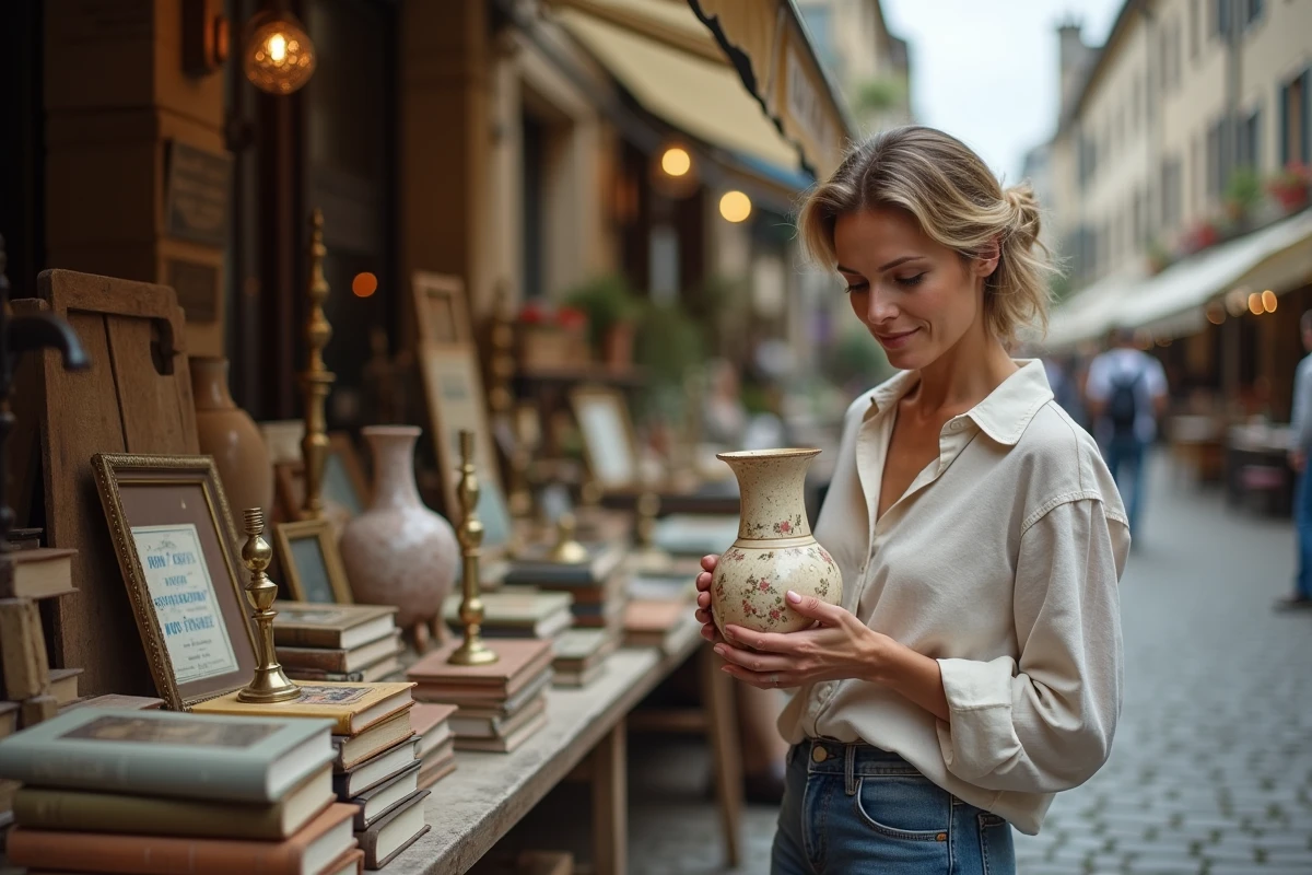 Femme chinant un vase vintage sur un marché aux puces en plein air, objets d'occasion exposés sur des tables en bois
