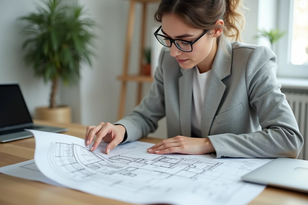 Femme consultant un plan de navigation de site web imprimé dans un bureau moderne