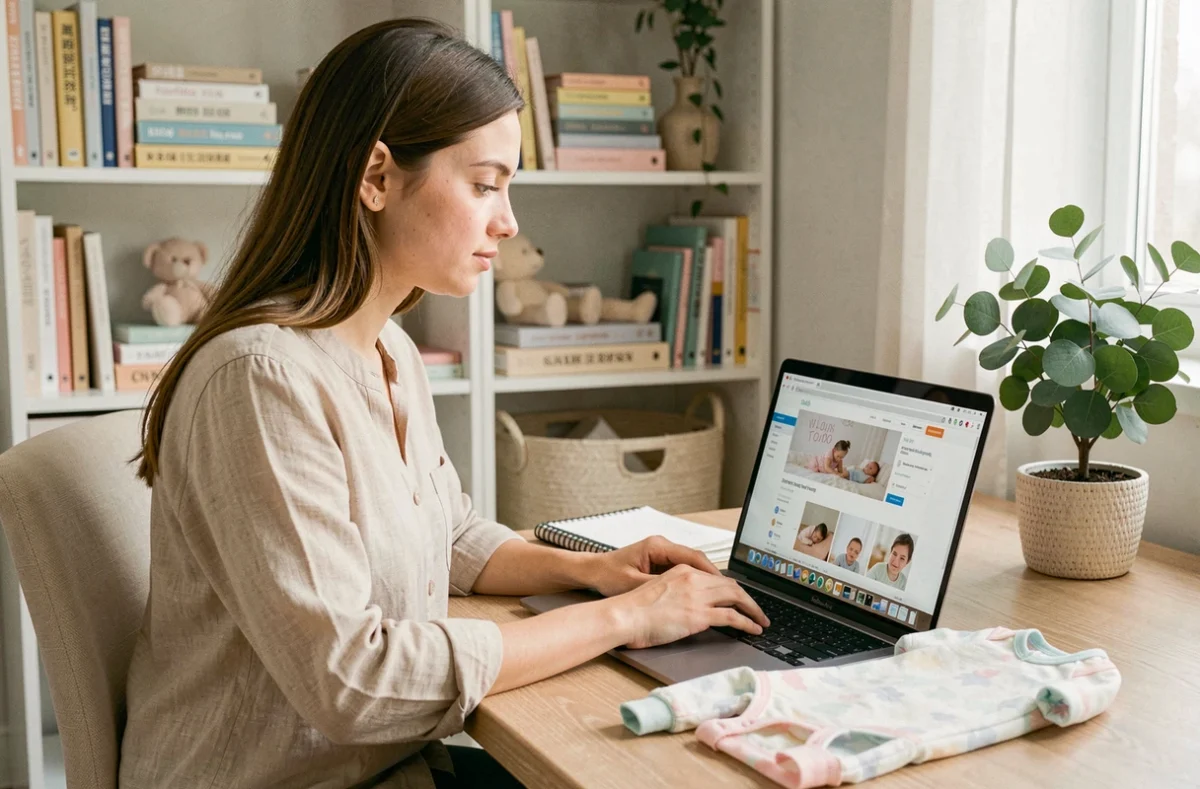 Jeune femme consultant un site web dédié à l'univers bébé sur un ordinateur portable dans un bureau cosy et organisé