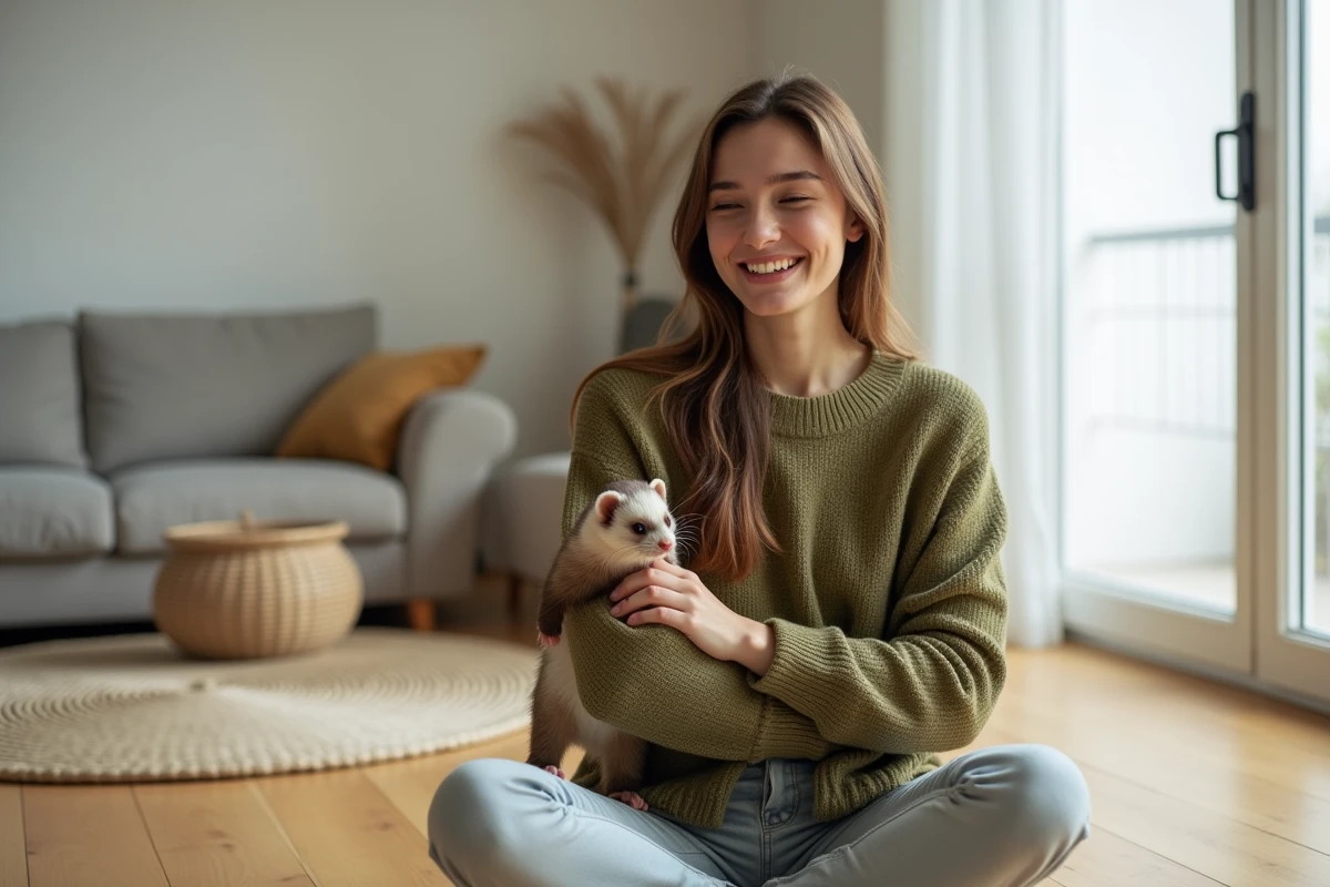 Jeune femme souriante tenant un furet sur son bras dans un appartement moderne minimaliste