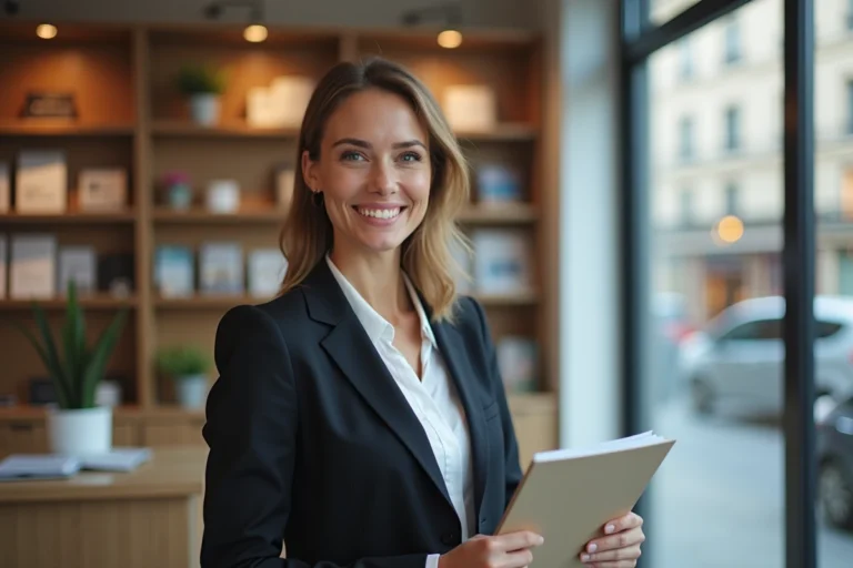Femme confiante en blazer dans une agence immobiliere