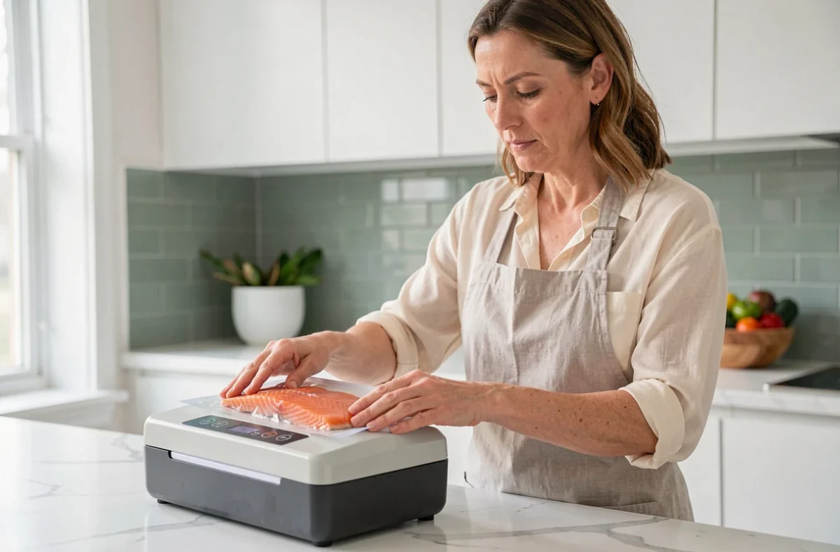 Femme utilisant une machine sous vide compacte sur un plan de travail en marbre blanc dans une cuisine moderne pour emballer des filets de saumon frais