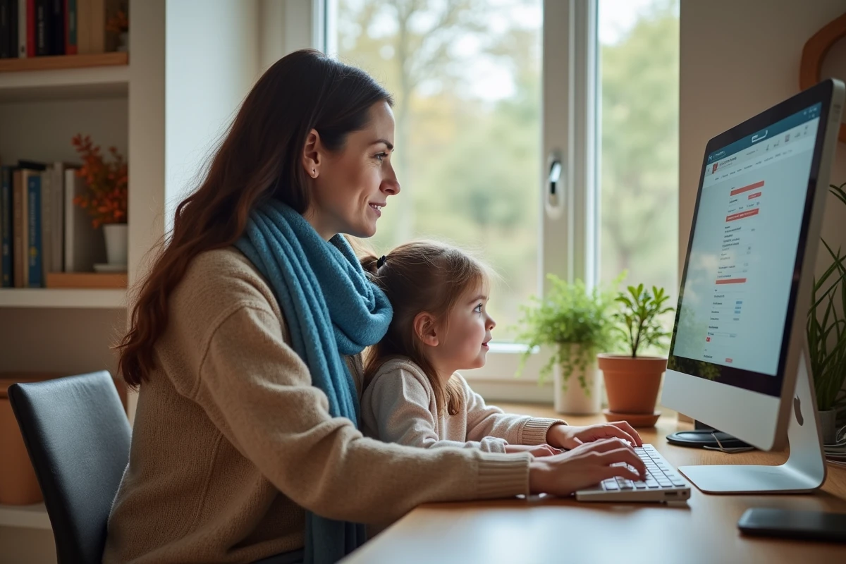 Femme et fille préparant un voyage à la maison sur ordinateur