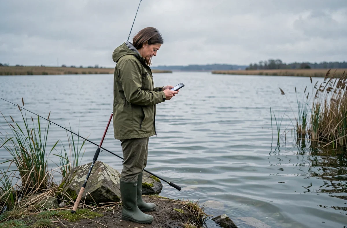 Femme enregistrant une prise dans l'application My Fish Book au bord d'un lac lors d'une session de pêche
