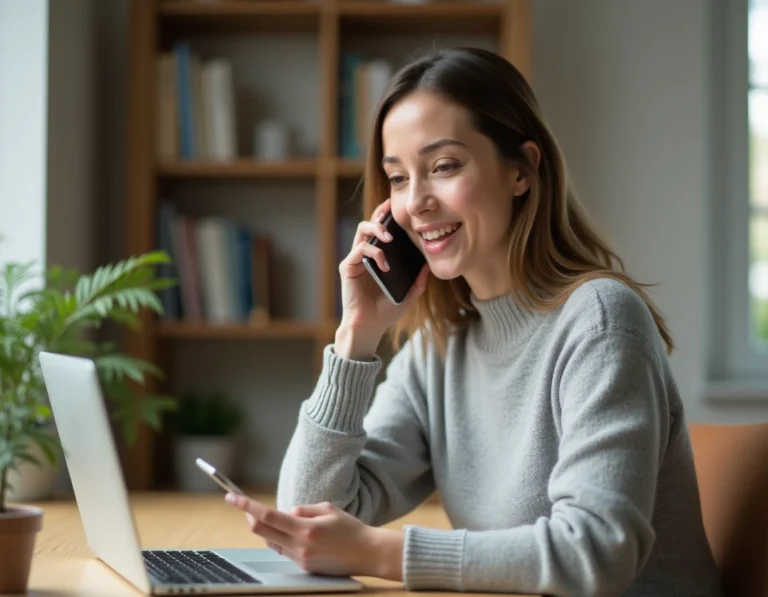 Femme utilisant un traducteur audio en ligne sur smartphone dans un bureau à domicile