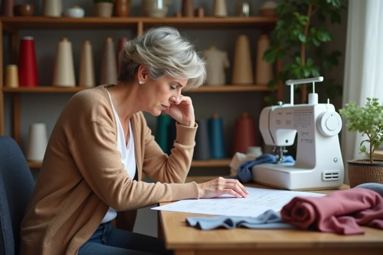 Femme d'âge moyen dans un atelier couture cosy et organisé