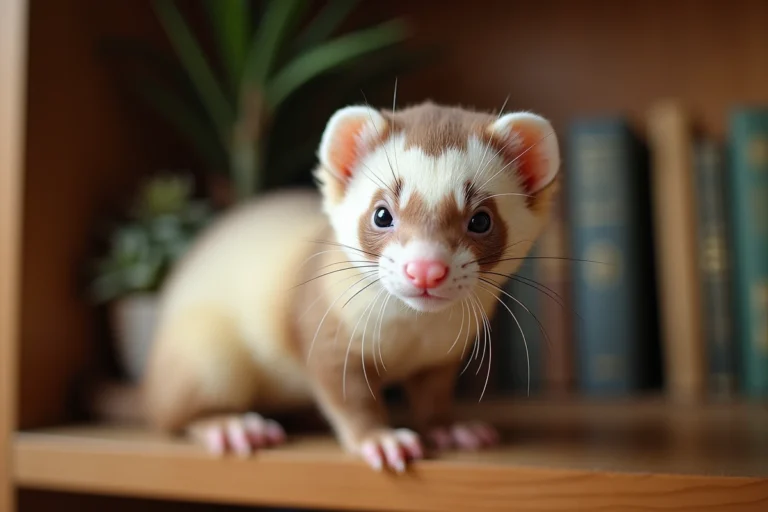 Furet domestique au pelage crème et brun posé sur une étagère en bois à l'intérieur d'un salon chaleureux