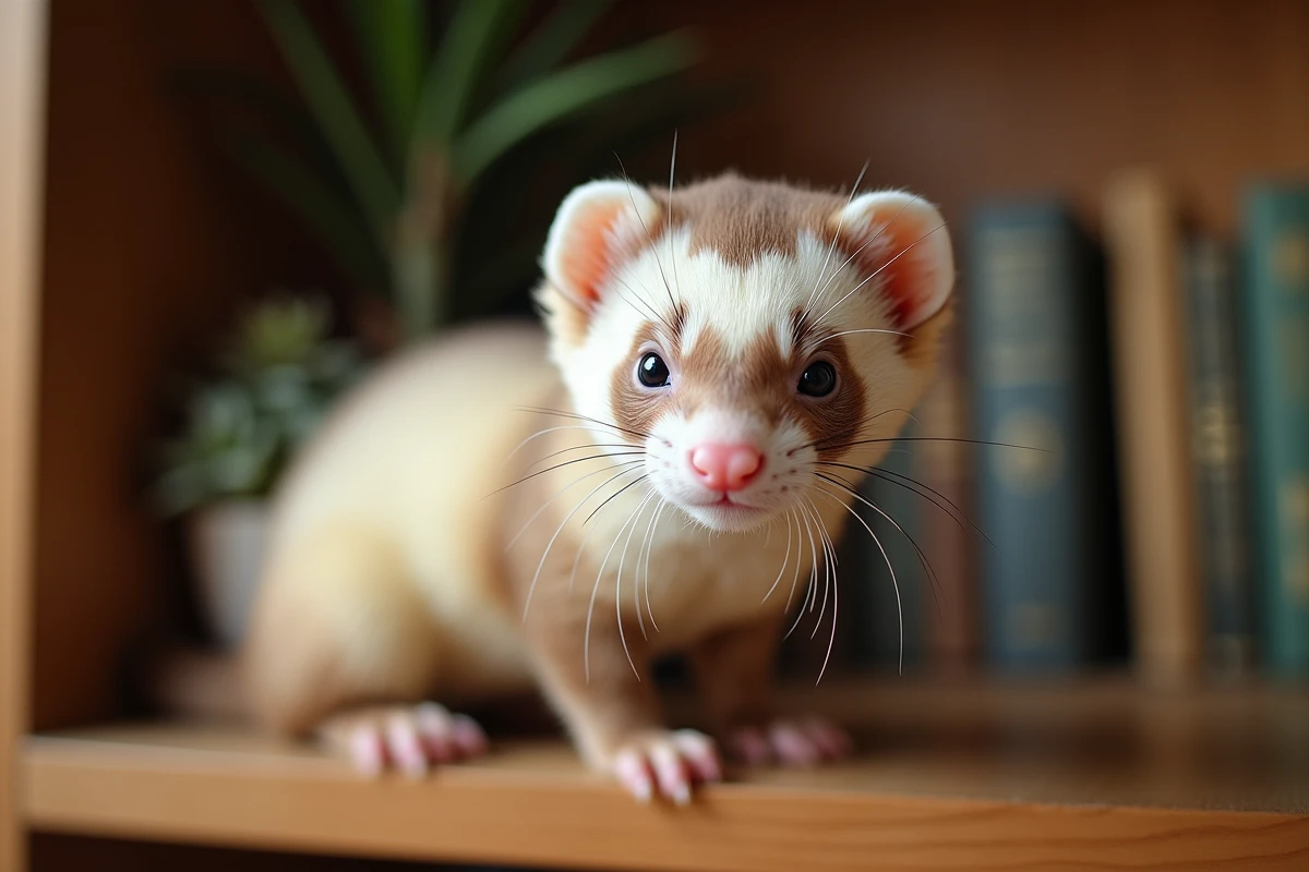 Furet domestique au pelage crème et brun posé sur une étagère en bois à l'intérieur d'un salon chaleureux