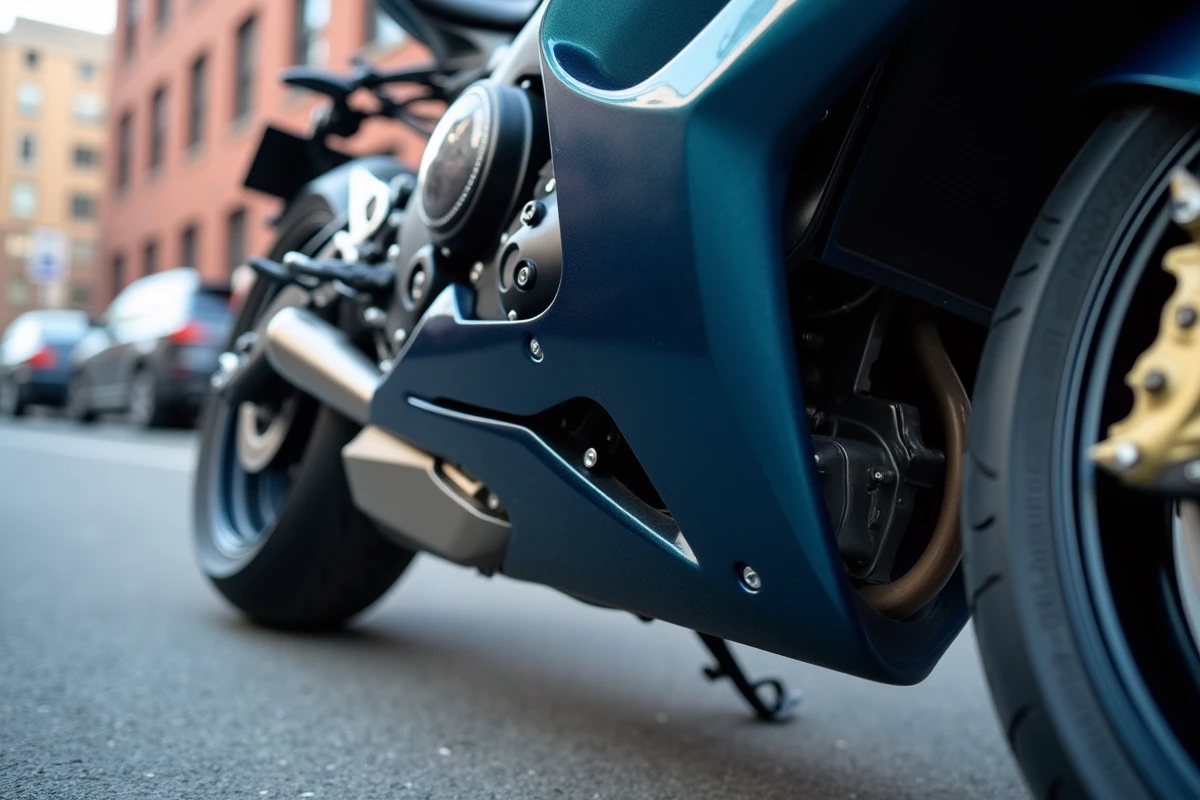 Gros plan sur le carénage d'une moto avec film de protection Autofantom appliqué sur la peinture métallique bleue en milieu urbain