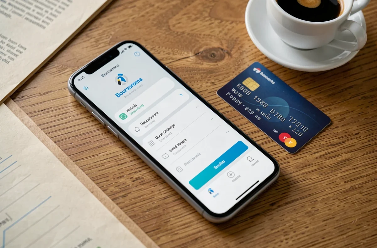 Gros plan d'un smartphone affichant l'interface Boursobank posé sur un bureau en bois avec carte bancaire