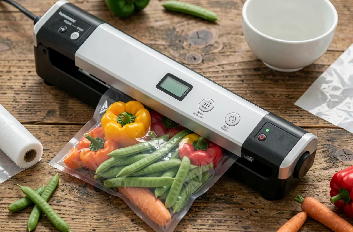 Gros plan d'une machine sous vide en action scellant un sachet de légumes colorés posé sur une table en chêne rustique