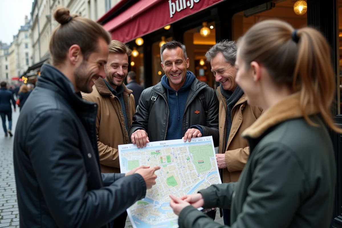 Groupe de personnes discutant autour d une carte dans Paris