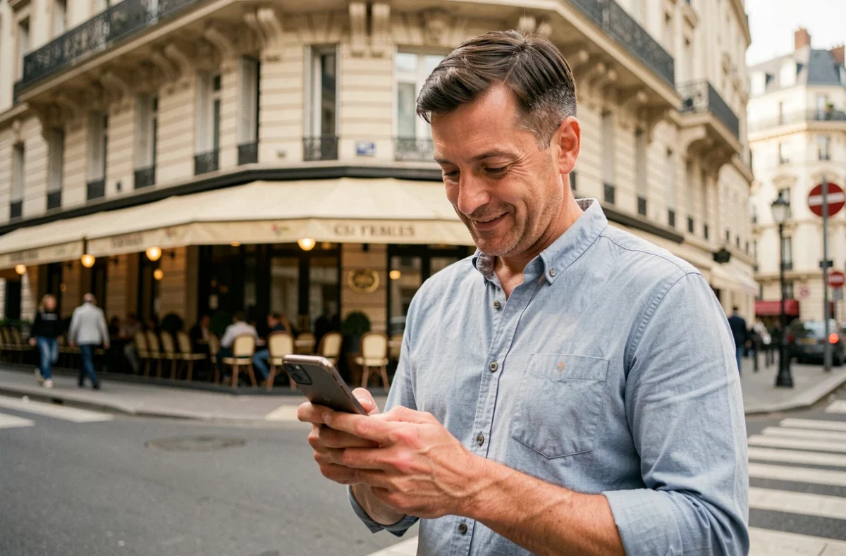 Homme consultant l'application Boursobank sur smartphone dans une rue parisienne