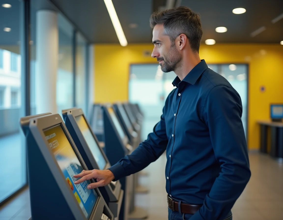 Homme utilisant une borne en libre-service à La Banque Postale pour modifier temporairement son plafond bancaire