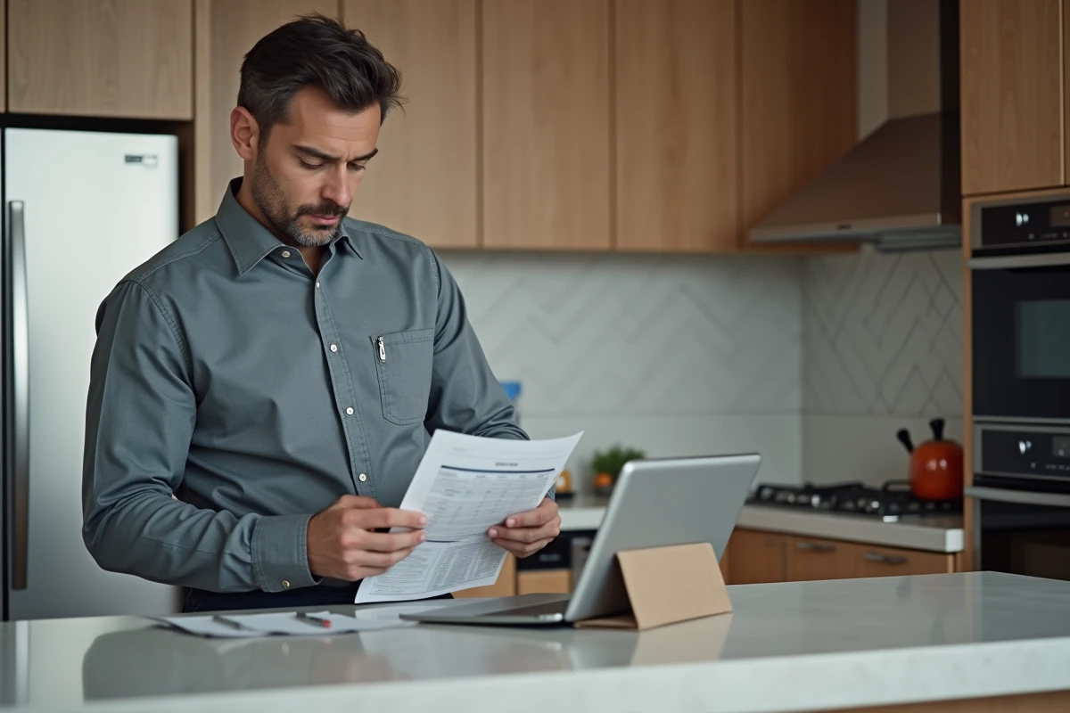Homme en cuisine vérifiant un relevé bancaire avec sa tablette