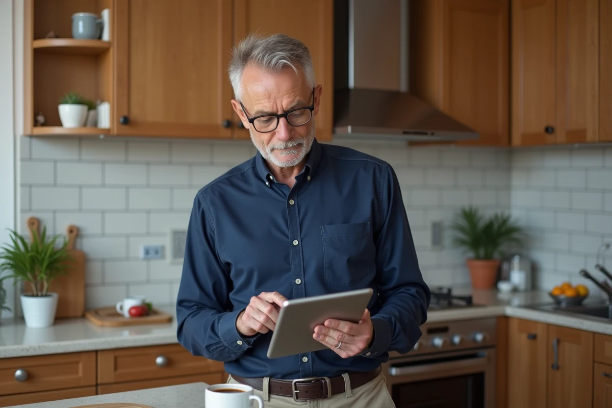 Homme naviguant sur un plan de site internet depuis une tablette dans une cuisine