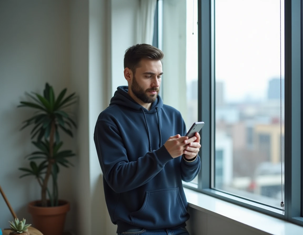 Homme vérifiant les paramètres de sécurité de son application Snapchat depuis son appartement